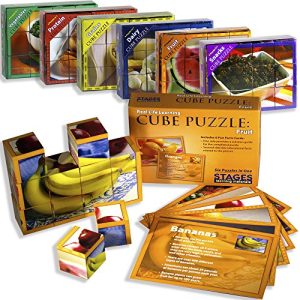 Stages Learning Food Group Wooden Cube Set of 6 Language Builder Preschool Puzzle (36 Piece), Multicolor