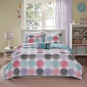 Mi-Zone Carly Twin/Twin XL Girls Quilt Bedding Set - Teal, Purple, Doodled Circles Polka Dots – 3 Piece Teen Girl Bedding Quilt Coverlets – Ultra Soft Microfiber Bed Quilts Quilted Coverlet