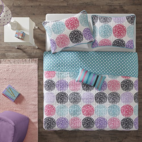 Mi-Zone Carly Twin/Twin XL Girls Quilt Bedding Set - Teal, Purple, Doodled Circles Polka Dots – 3 Piece Teen Girl Bedding Quilt Coverlets – Ultra Soft Microfiber Bed Quilts Quilted Coverlet