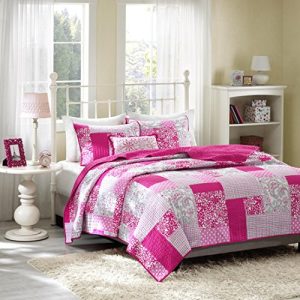 Mi-Zone Abbey Twin/Twin XL Girls Quilt Bedding Set - Hot Pink, Pieced Floral, Polka Dot, Paisley – 3 Piece Teen Girl Bedding Quilt Coverlets – Ultra Soft Microfiber Bed Quilts Quilted Coverlet