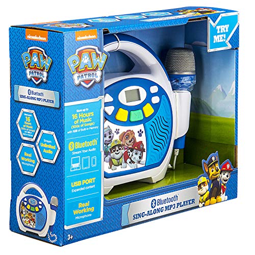 eKids Paw Patrol Bluetooth Portable MP3 Karaoke Machine Player with LED Display Store Hours of Music with Built in Memory Sing Along Using The Real Working Microphone USB Port to Expand Your Content