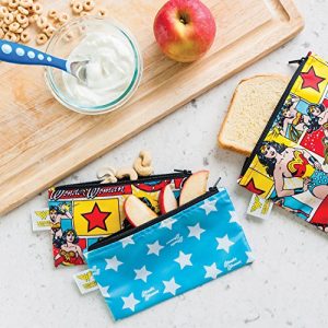 Bumkins DC Comics Wonder Woman Snack Bags, Reusable, Washable, Food Safe, BPA Free, Pack of 2