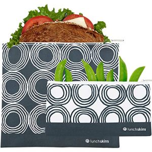 Lunchskins Reusable 2 Piece Zippered Food Storage Bag Set, 1 Sandwich Bag + 1 Snack Bag, Charcoal Circles