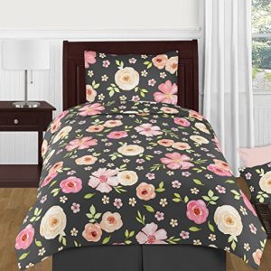 Sweet Jojo Designs Black and Blush Pink Shabby Chic Watercolor Floral Girl Twin Kids Children's Bedding Comforter Set-4 Pieces-Rose Flower