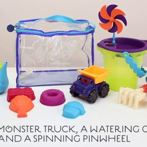 B. toys – B. Ready Beach Bag – Beach Tote with Mesh Panel and 11 Funky Sand Toys – Phthalates and BPA Free – 18 m+, Lime Bucket