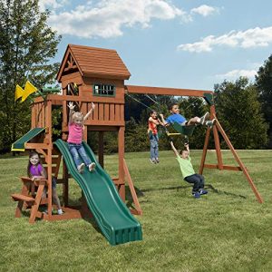 Swing-N-Slide PB 8331 Playful Palace Swing Set with Slide, Swings, Wood Roof, Picnic Table & Climbing Wall, Wood