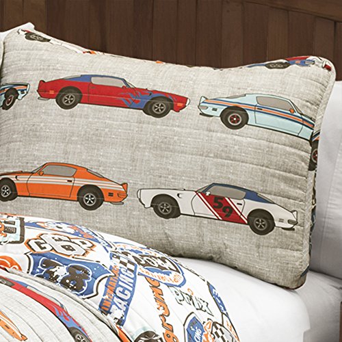 Lush Décor Race Cars 2 Piece Reversible Quilt Kids Bedding Set, Twin, Blue/Orange