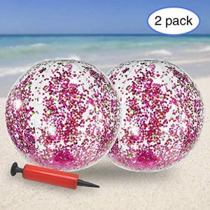 Upgraded Glitter Beach Ball with Confetti Glitters,2 Pack Inflatable Beach Ball Confetti (16 inch&24 inches) Beach Balls Bulk, Outdoor Beach Pool Toys for Adults Kids(Gold)
