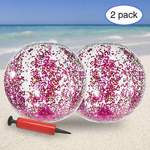 Upgraded Glitter Beach Ball with Confetti Glitters,2 Pack Inflatable Beach Ball Confetti (16 inch&24 inches) Beach Balls Bulk, Outdoor Beach Pool Toys for Adults Kids(Gold)