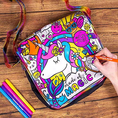 Just My Style Color Your Own Unicorn Messenger Bag by Horizon Group USA, Color & Embellish Your Unicorn Themed Purse, Sparkling Gemstones & 5 Bright Markers Included